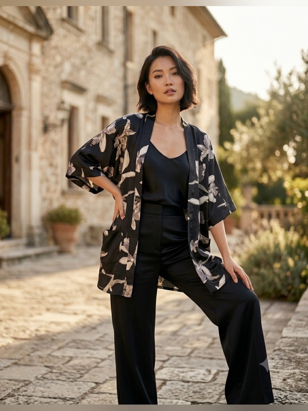 Cejon / Black Orchid Print Kimono Duster Open Jacket - One Size Fits Most